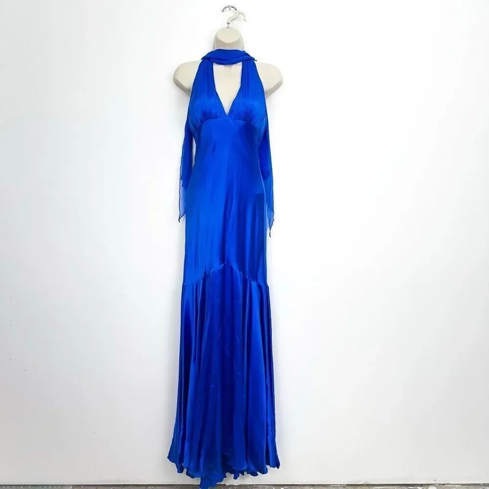 Cache Vintage Cobalt Blue Liquid Silk Halter Fishtail Maxi Gown - Picture 5 of 16